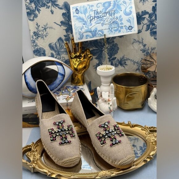 🆕 TORY BURCH 🧿 NWOB Ines Linen & Leather Bejewelled Espadrilles - Sz  9 M - Picture 2 of 13